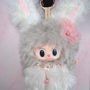 Custom Labubu Inspired Handmade Plush Bunny Keychain - Grey/White